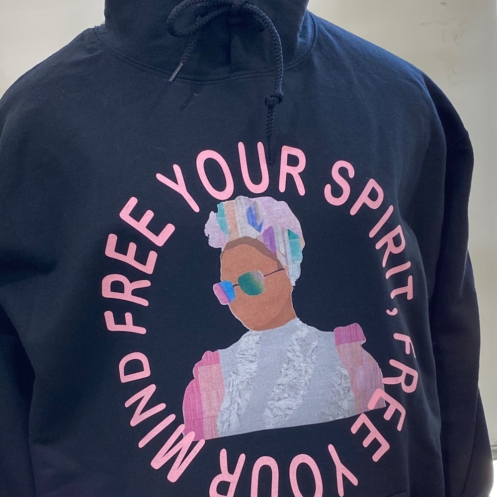 A digital collage of a woman,  Free Spirit, Free Mind black Sweatshirt